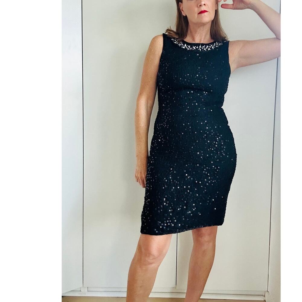 VTG 90s Silk Beaded Dress M LBD Cocktail Sheath Embellished Formal - Picture 10 of 14